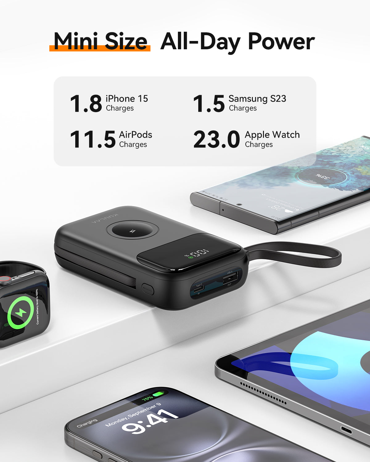 ‌KUULAA 10000mAh 22.5W Power Bank PD3.0 QC3.0 with Cable for iPhone 16/15/14 Pro Max Samsung S24/Xiaomi/Huawei Portable Charger