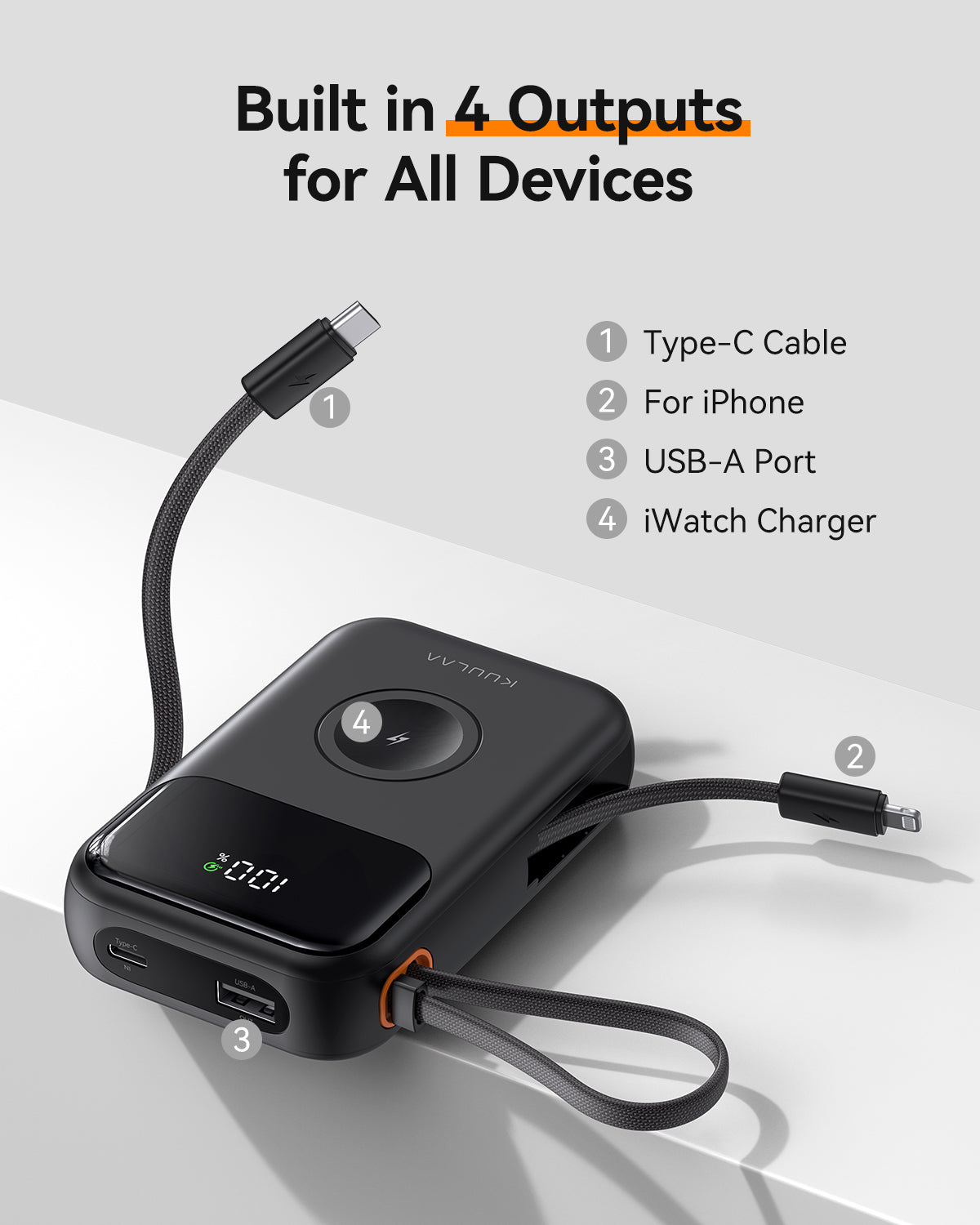‌KUULAA 10000mAh 22.5W Power Bank PD3.0 QC3.0 with Cable for iPhone 16/15/14 Pro Max Samsung S24/Xiaomi/Huawei Portable Charger