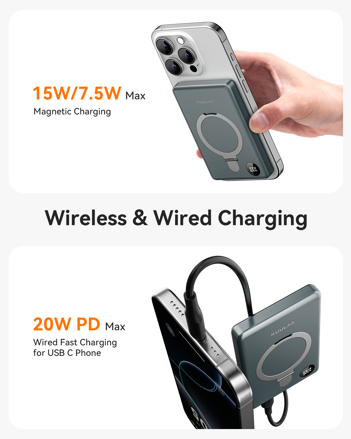 KUULAA Magsafe Power Bank Magnetic Battery with Stand External Battery Wireless Charging For iPhone 16 15 14 Powerbank 10000mAh